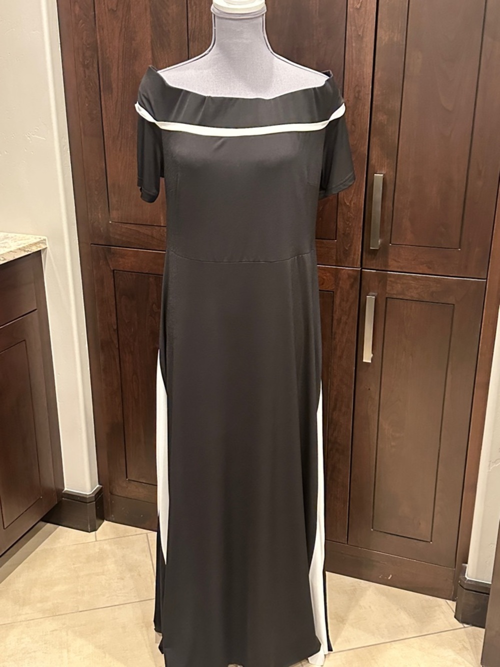 Sandro Ferrone Black Maxi Dress with White Trim - Classic Off-Shoulder Style